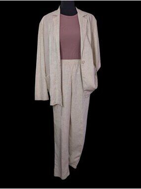 Vtg 90s Linen Blend Blazer Pants Set L Tan Neutral Casual Suit Relaxed Leg